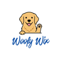 Logo of Woofy Wix with a cartoon dog and blue text on a white background