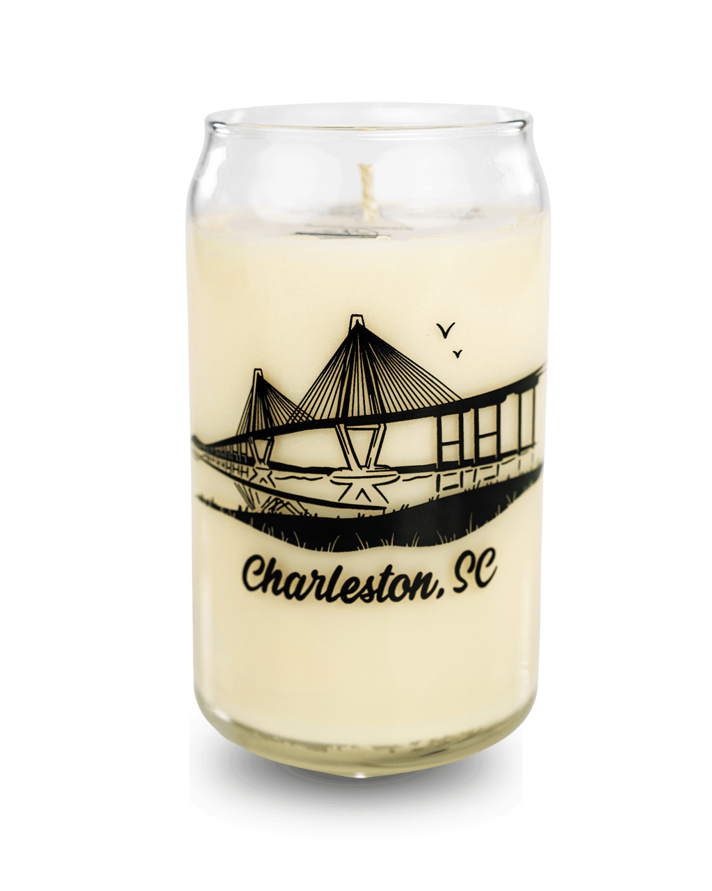 Candle in a glass jar with a bridge illustration and 'Charleston, SC' text on a white background