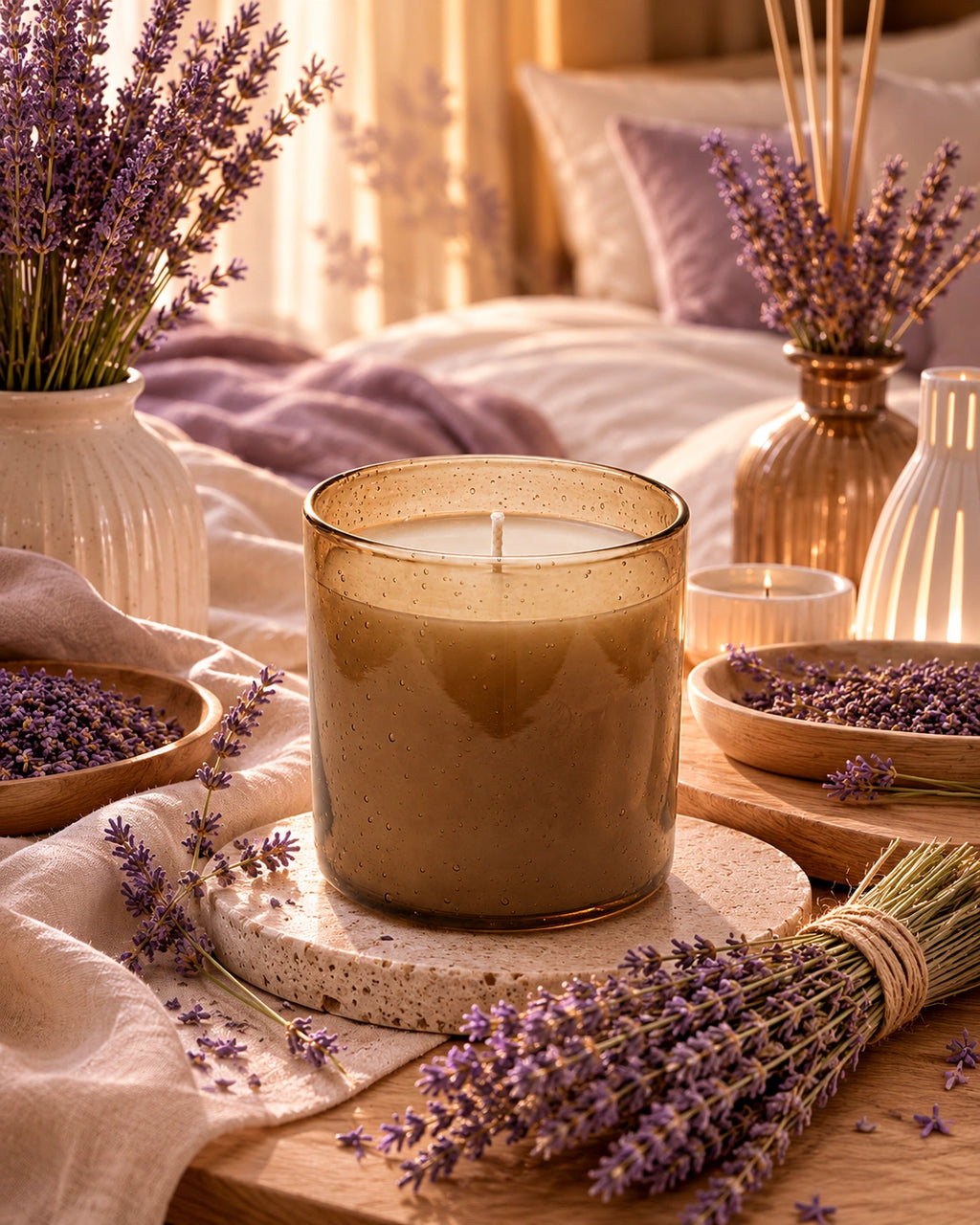 A lit candle in a speckled amber glass jar sits on a wooden table surrounded by lavender sprigs, bowls of dried lavender, and decorative vases in a warm, softly lit bedroom setting.