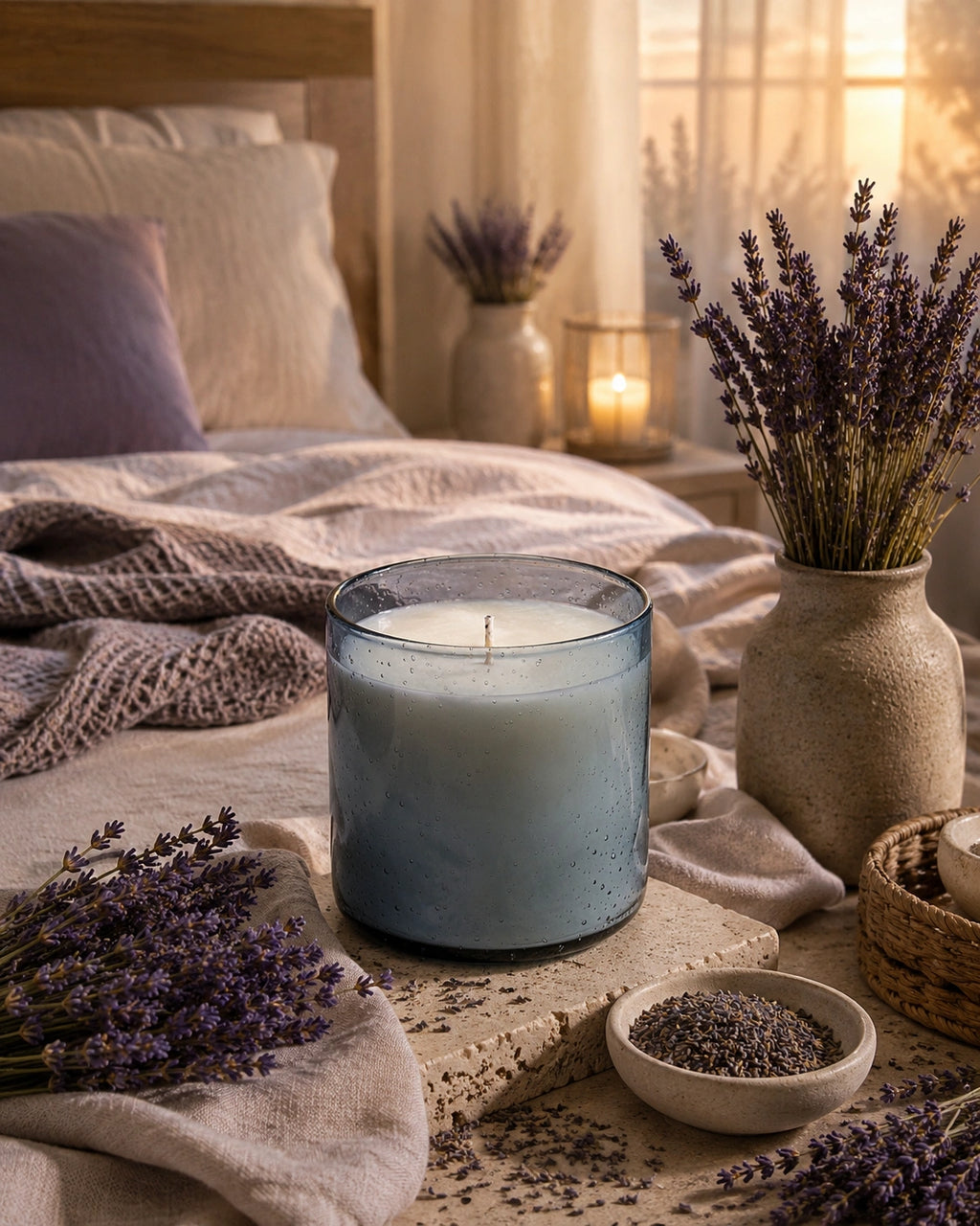 A blue-tinted glass jar candle sits on a stone slab on a bed, surrounded by dried lavender in vases and a small bowl of loose lavender, with warm sunlight streaming through a window in the background.