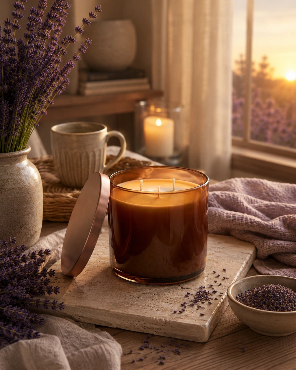 A lit candle in a clear glass jar sits on a wooden board in a cozy room setting, with a matching lid leaning beside it. Lavender stems, a mug, a bowl of dried lavender, and a warm sunset view through a window create a relaxing, home-like atmosphere.