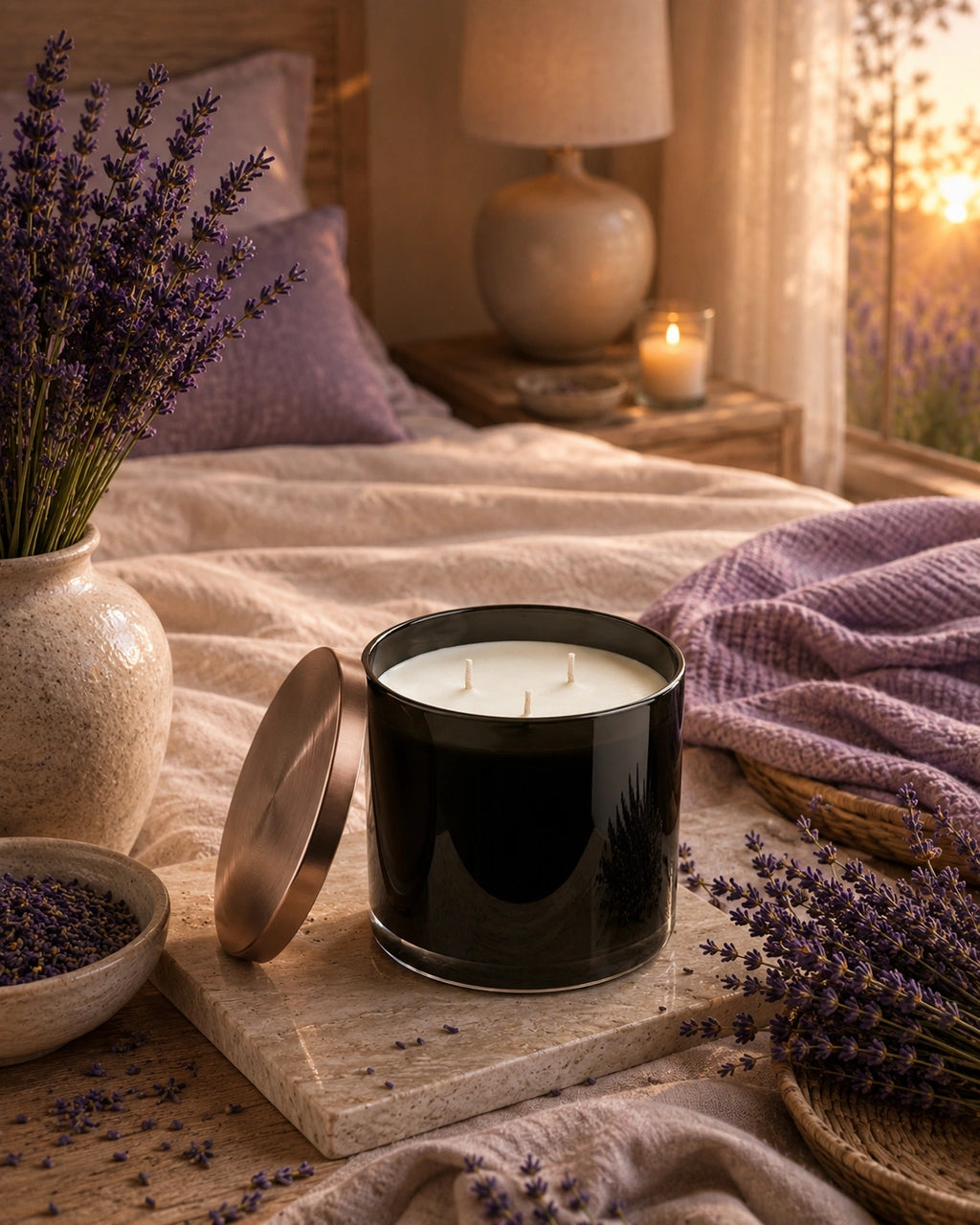 A black glass jar candle with white wax sits on a stone slab on a bed, with its lid leaning beside it. Lavender stems in a vase, a bowl of lavender, and a purple throw blanket are arranged around it in a cozy bedroom setting with warm sunlight and a bedside lamp in the background.