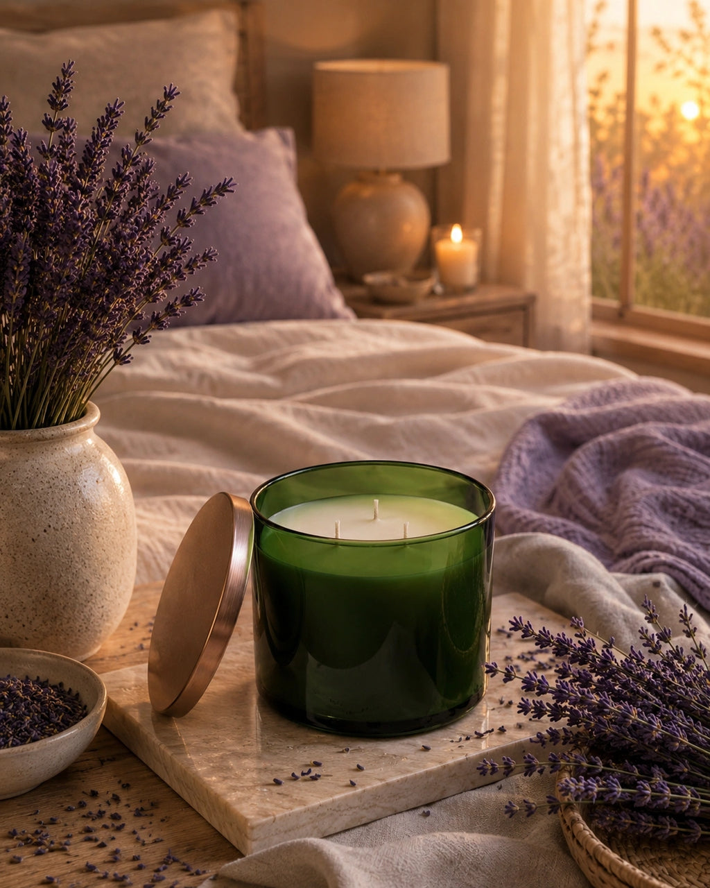 A green glass jar candle with its lid leaning beside it on a bed, surrounded by lavender sprigs, a vase of lavender, and a warm bedroom scene in the background.