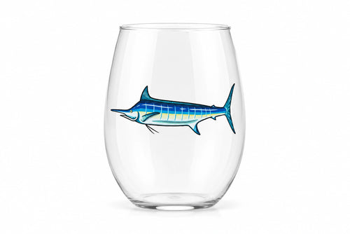 A clear stemless wine glass featuring a printed blue and yellow marlin fish design on the front, set against a plain white background.