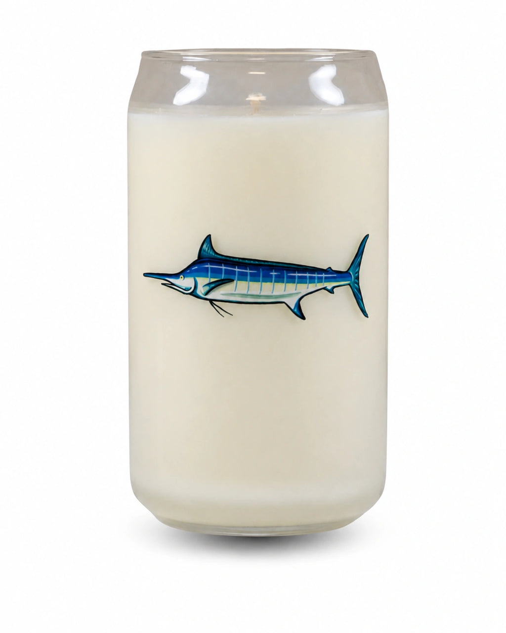 A frosted glass jar candle with a blue and silver marlin fish illustration on the front, set against a plain white background.