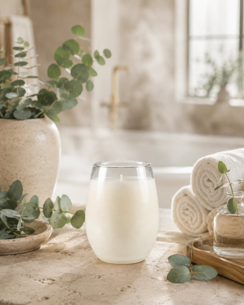 White candle on a wooden surface with eucalyptus leaves and towels in the background
