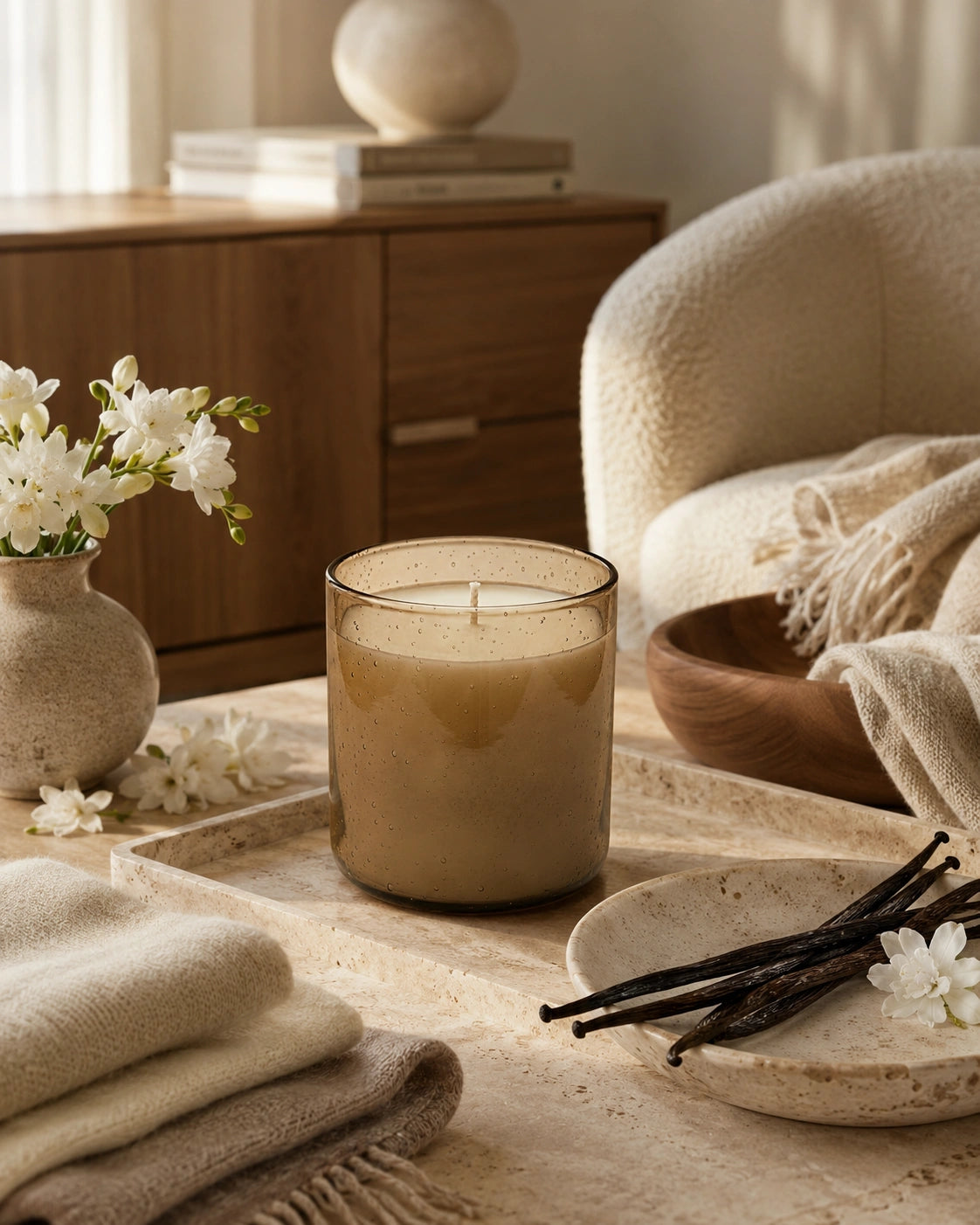 A lit candle in a clear glass jar sits on a stone table in a warm, styled room with beige textiles, a wooden cabinet, flowers, and vanilla beans.