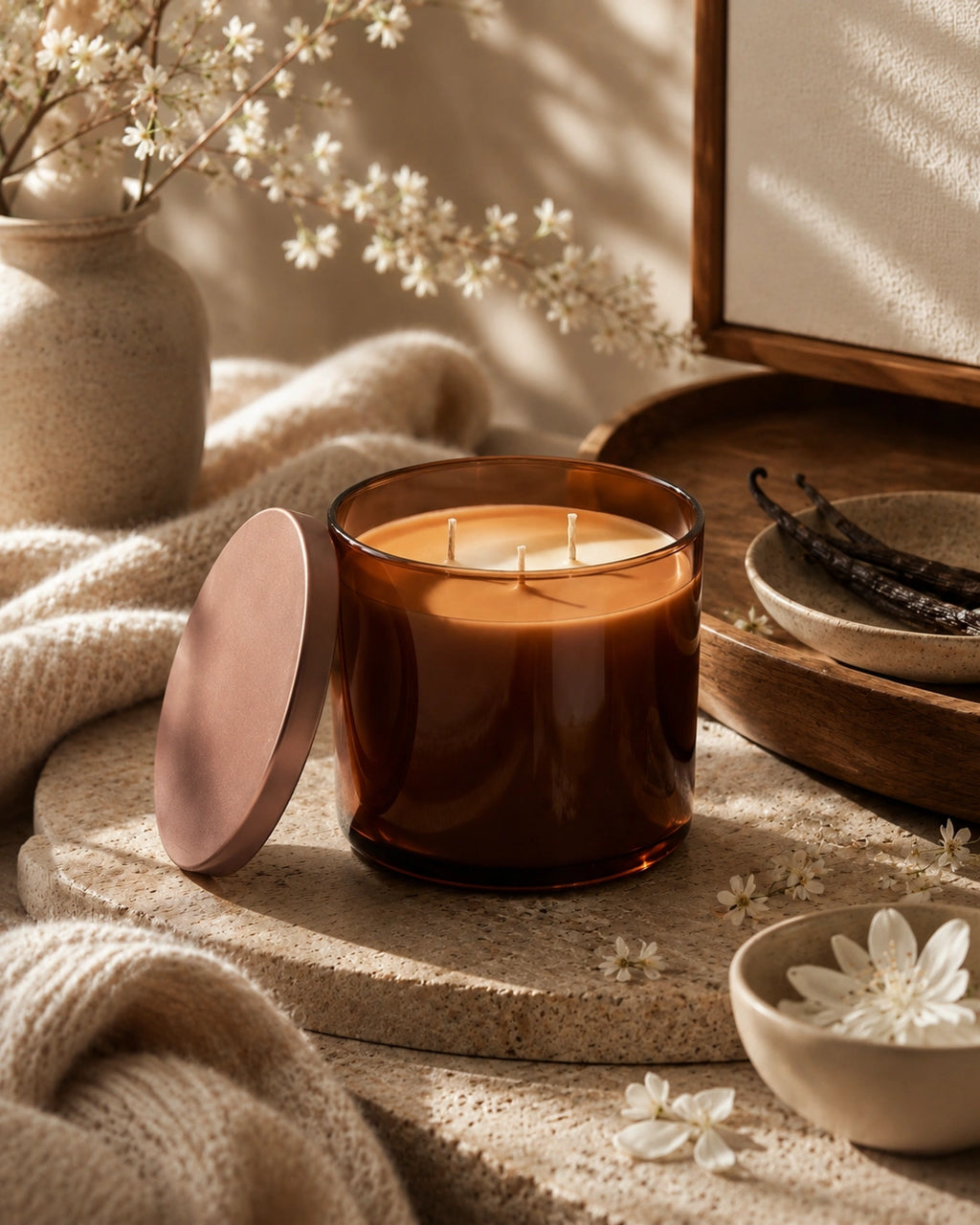 An amber glass jar candle with a matching round lid leaning beside it on a textured stone surface, styled with a knit blanket, dried flowers, and warm natural light.