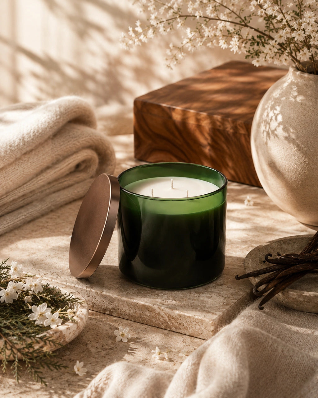 A dark green glass jar candle with its metallic lid leaning beside it, styled on a stone slab with beige textiles, dried flowers, and a wooden box in a warm, softly lit setting.