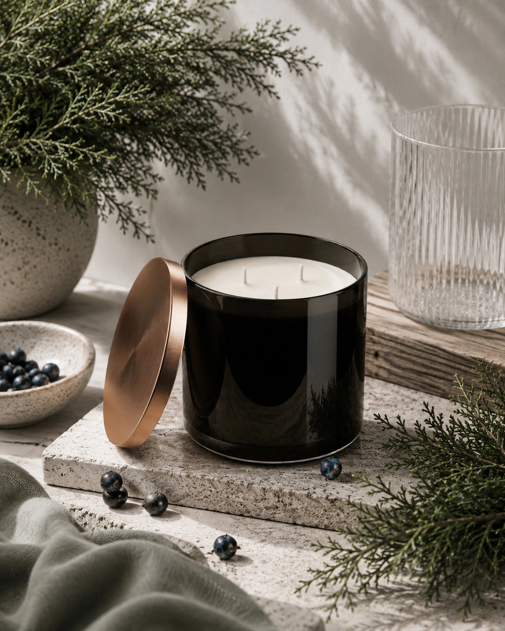 A black glass jar candle with a metallic rose-gold lid leaning beside it, styled on a stone slab with evergreen branches, blueberries, a glass, and soft natural shadows.