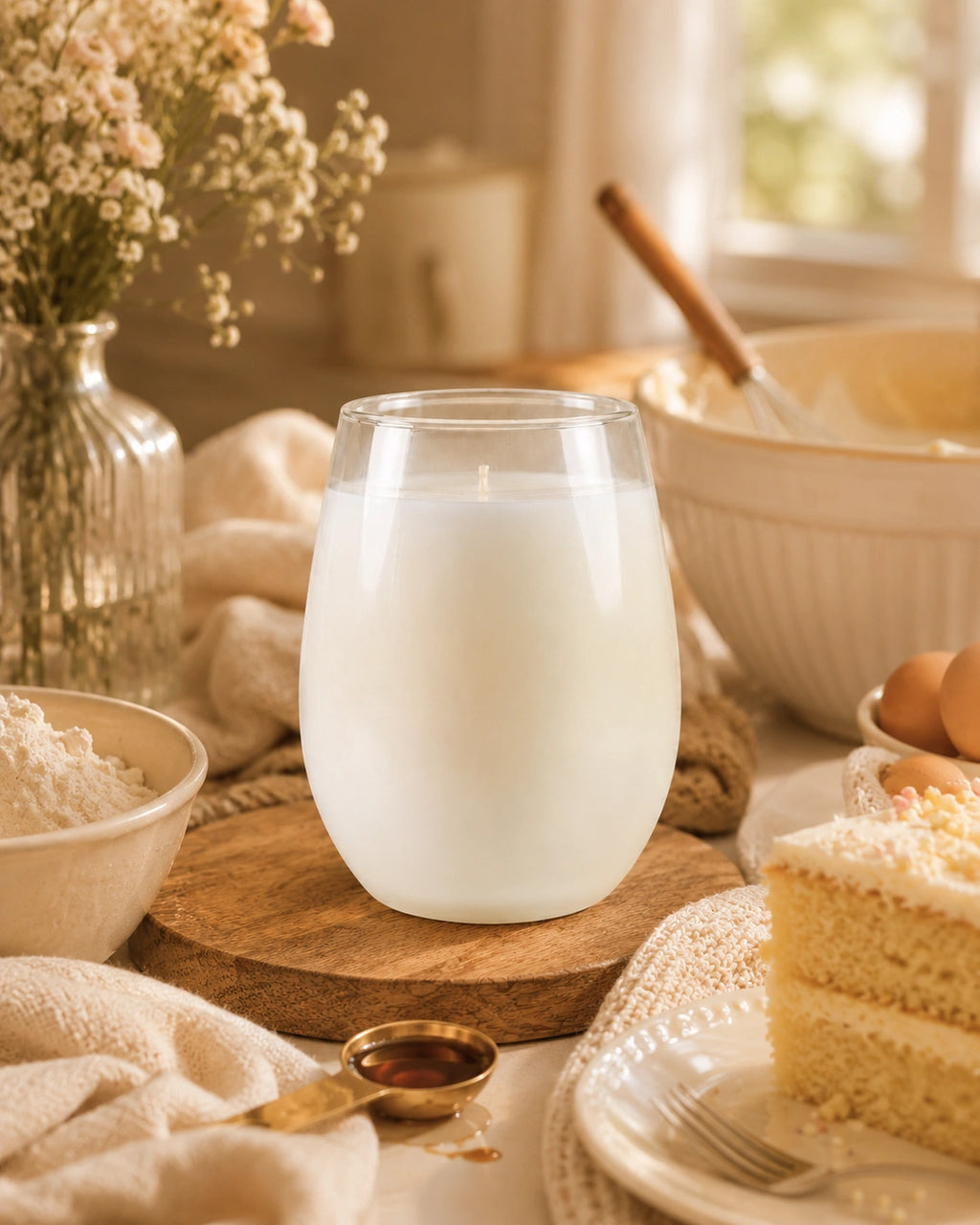 Glass of milk on a wooden coaster with a kitchen setting in the background