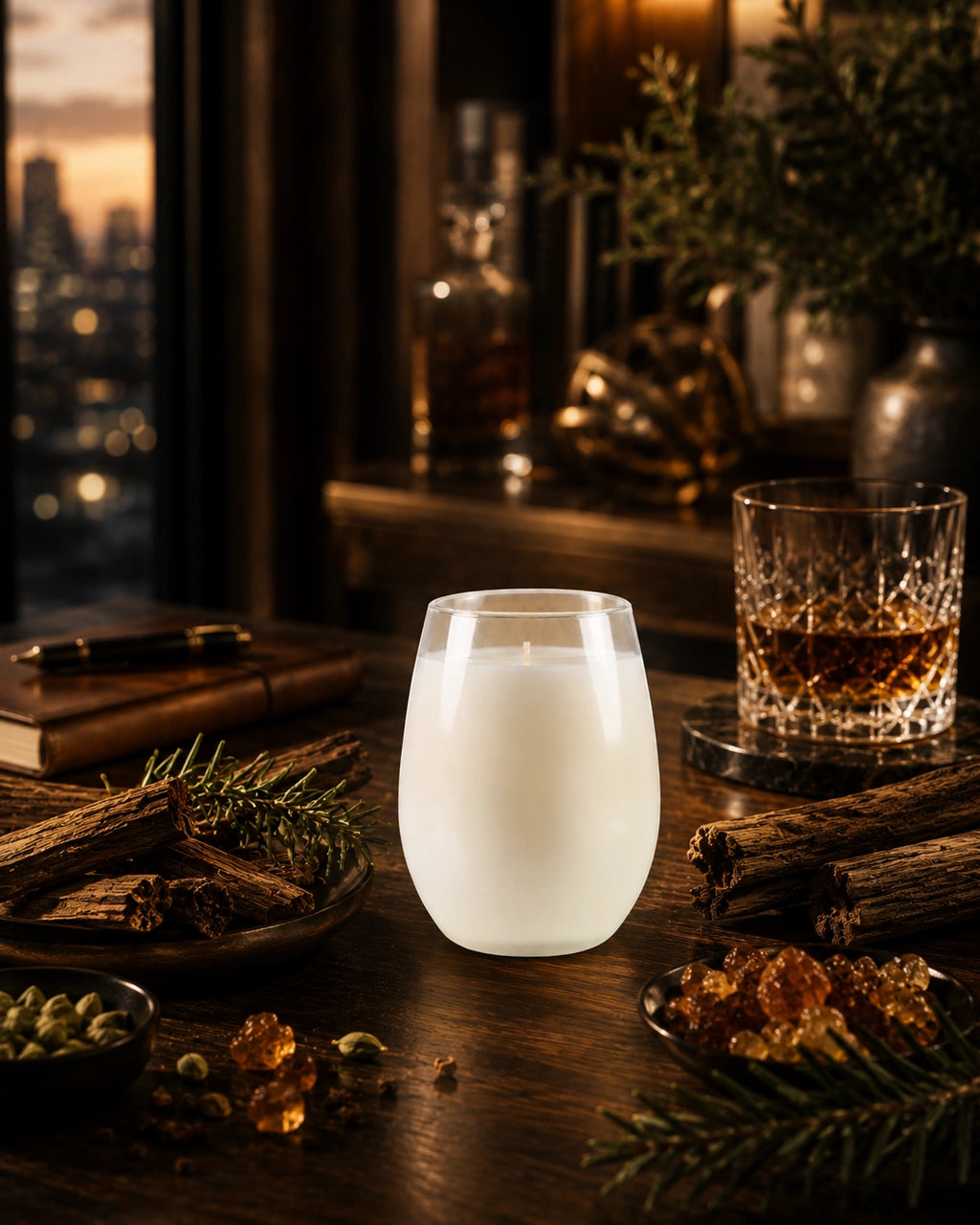 Candle on a wooden table with a glass of whiskey and decorative items.