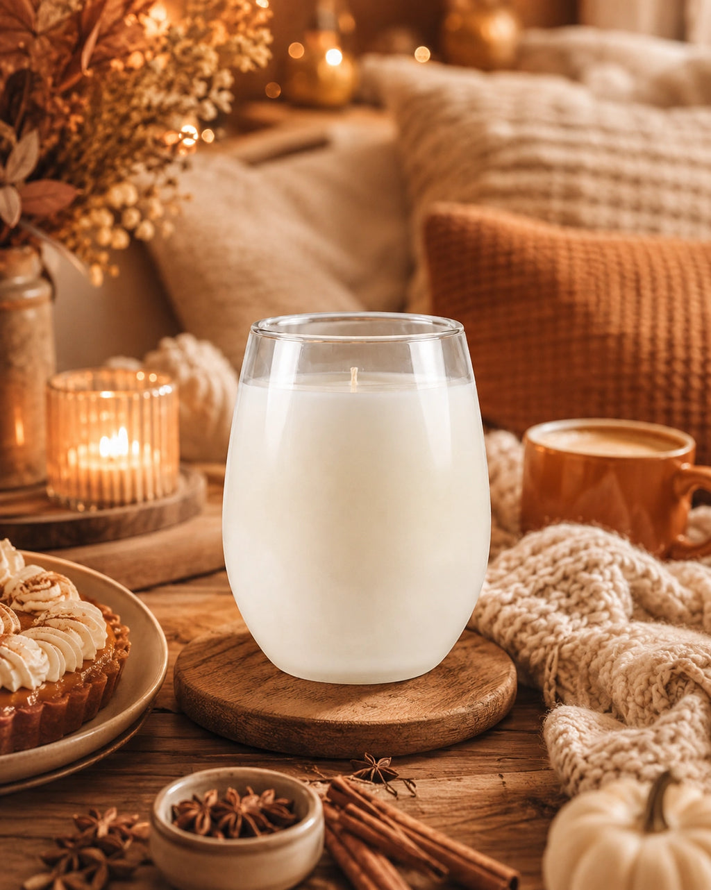 Candle in a glass holder on a wooden table with a cozy autumn setting.
