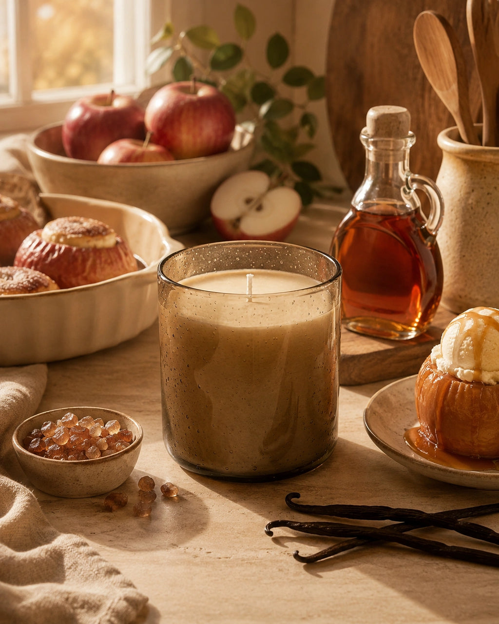 A lit candle in a smoky amber glass jar sits on a wooden table surrounded by autumn food props, including apples, baked goods, vanilla beans, a bottle of amber liquid, and a ceramic utensil holder.