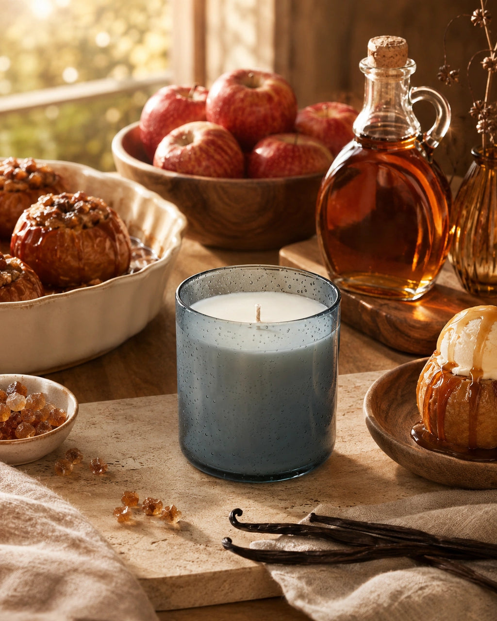 A blue-gray smoky glass candle jar with white wax sits on a wooden table in a warm autumn kitchen scene, surrounded by apples, baked goods, vanilla beans, and a bottle of amber syrup.