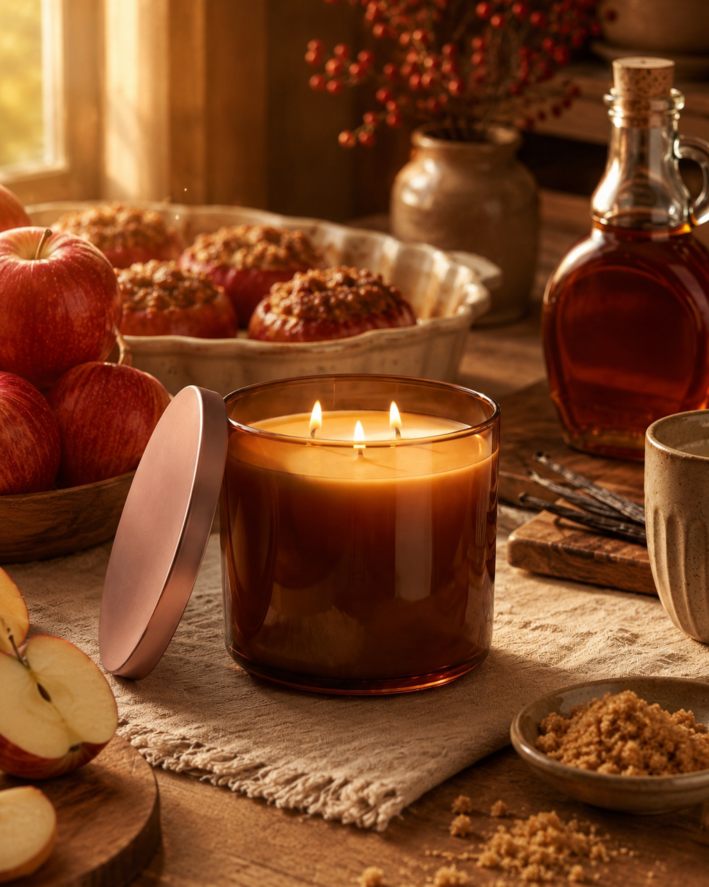 A lit amber glass candle with two flames sits on a rustic table runner, surrounded by fall-themed props including red apples, brown sugar, cinnamon sticks, a mug, and a bottle of syrup in a warm indoor setting.