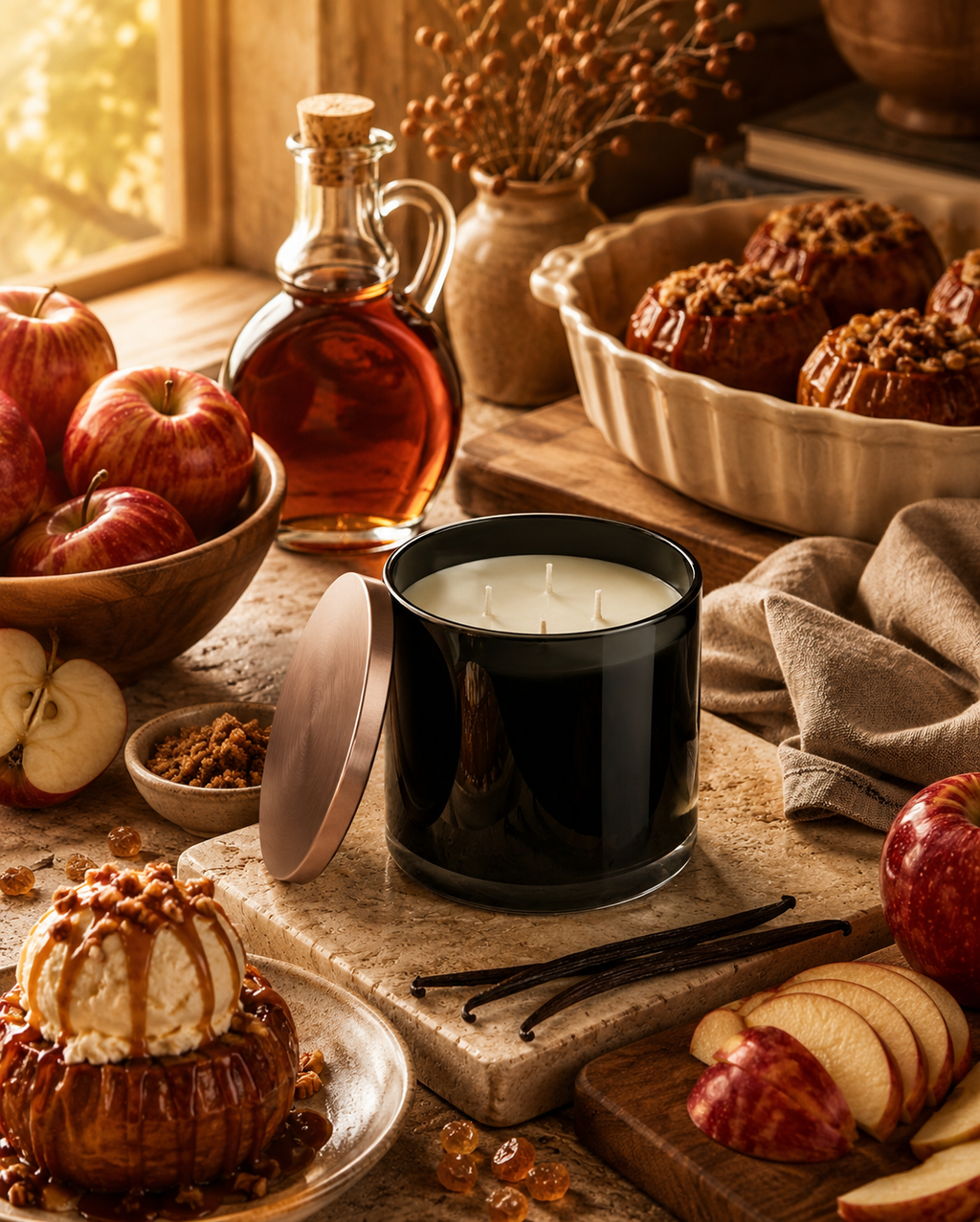 A black candle jar with its lid off, set on a stone board in a warm autumn kitchen scene with apples, vanilla beans, syrup, and baked goods.