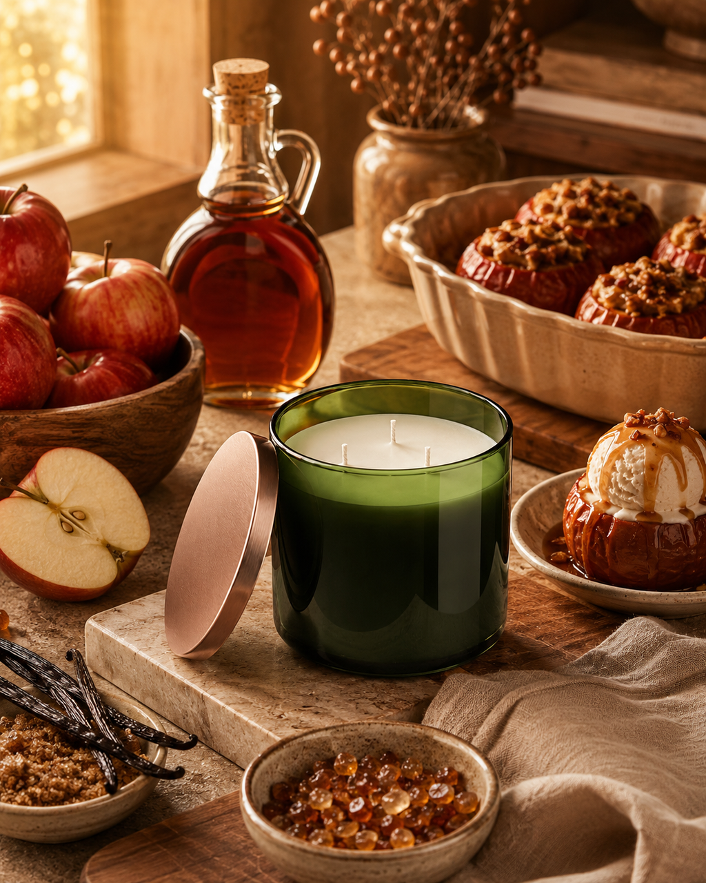 A dark green glass candle with a white wax fill and a metallic rose-gold lid, styled on a wooden board with autumnal ingredients like apples, vanilla beans, caramel, and baked goods.