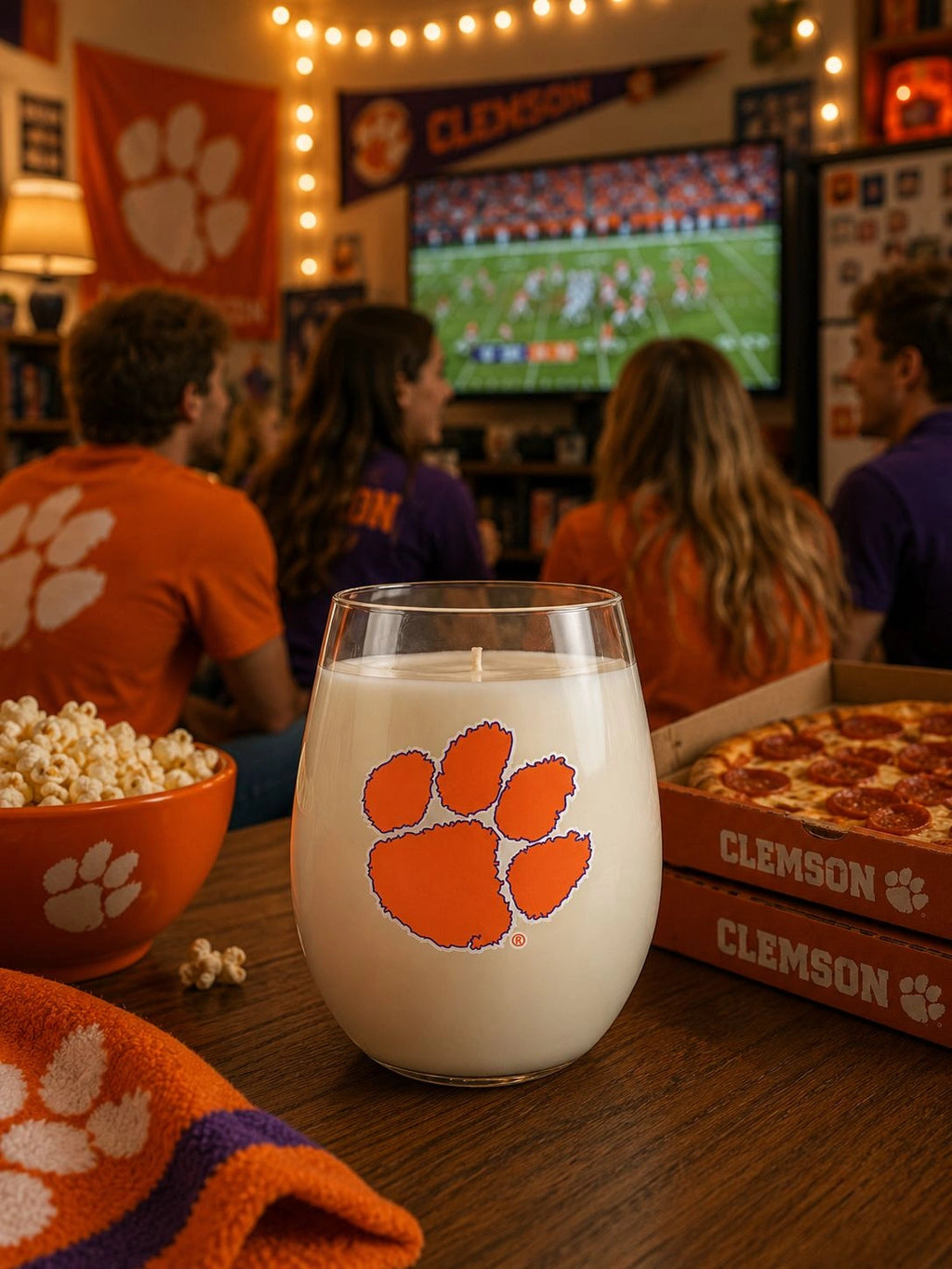 A Clemson Tigers themed stemless wine glass candle with an orange paw print logo, filled with white wax, set on a wooden table next to a bowl of popcorn and a pizza box, with a blurred background of people watching a football game.