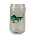 Clear glass tumbler with a fish design on a white background