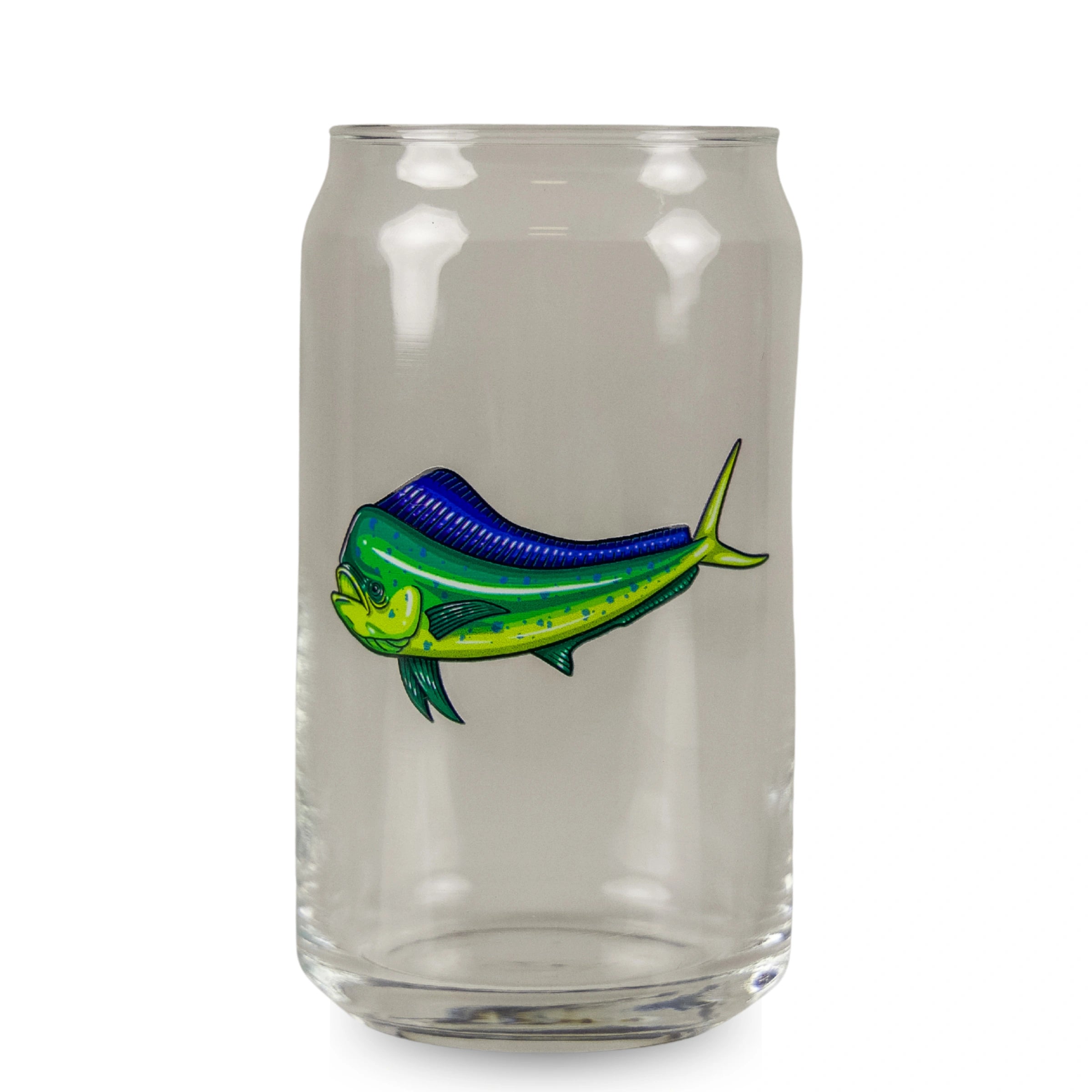 Clear glass tumbler with a fish design on a white background