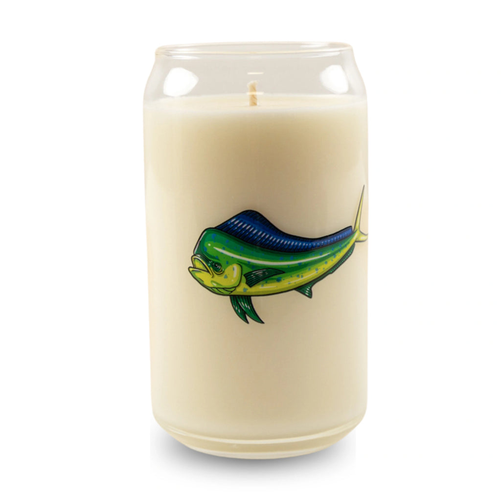 Candle in a can with a fish design on a white background