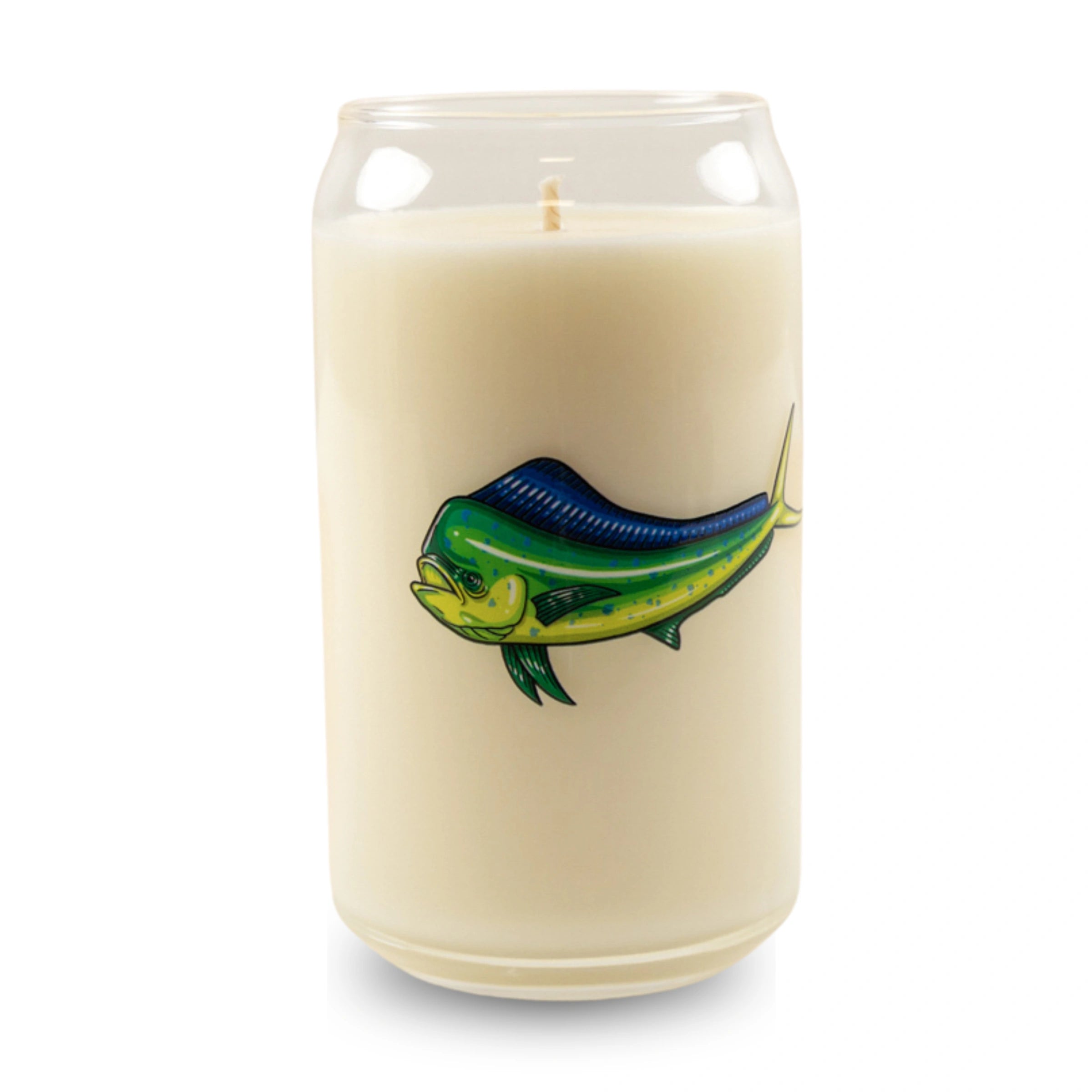 Candle in a can with a fish design on a white background