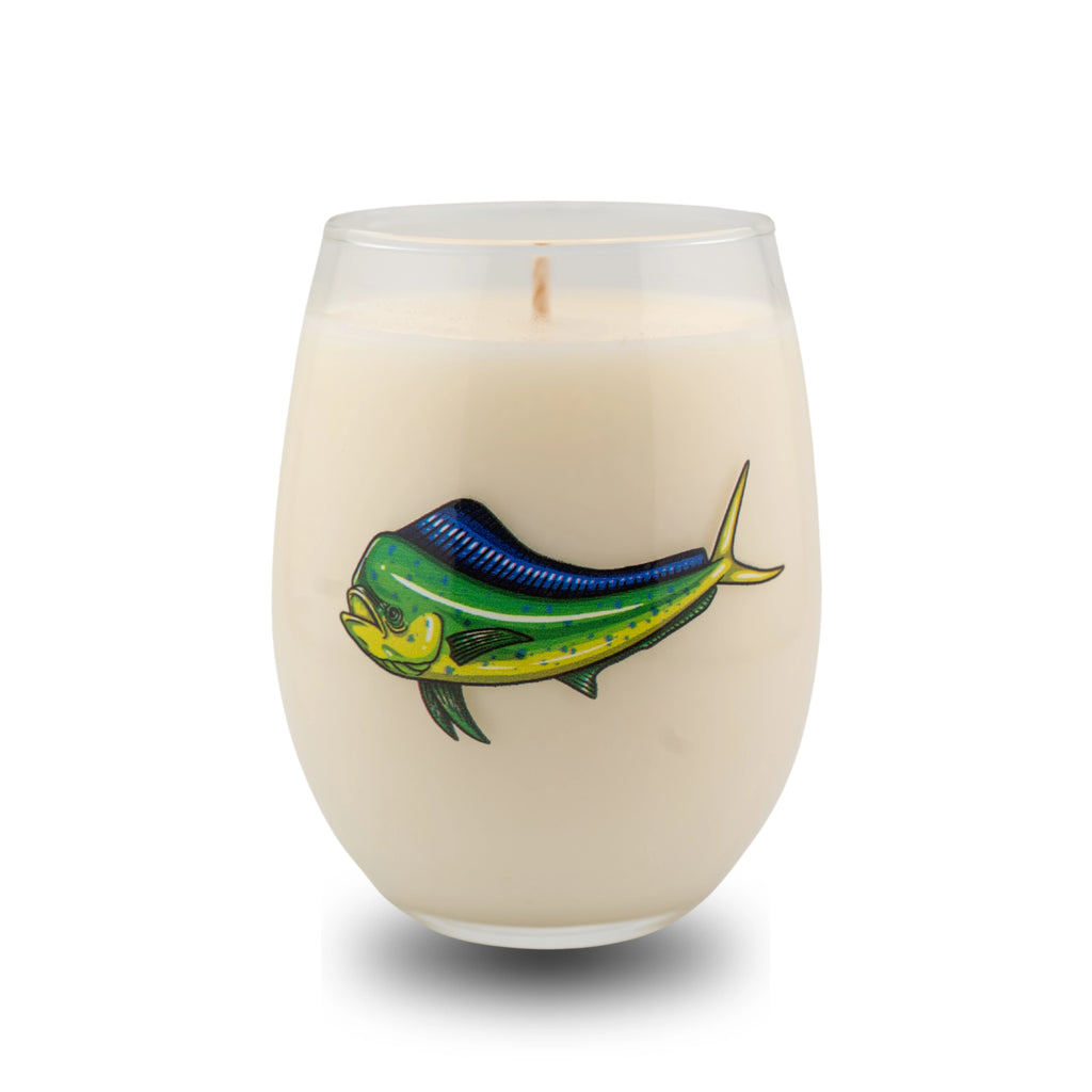 Candle in a glass container with a fish design on a white background