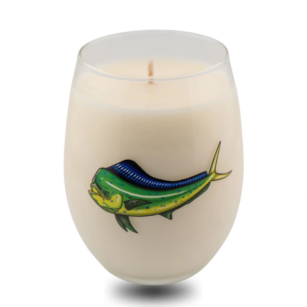 Candle in a glass container with a fish design on a white background