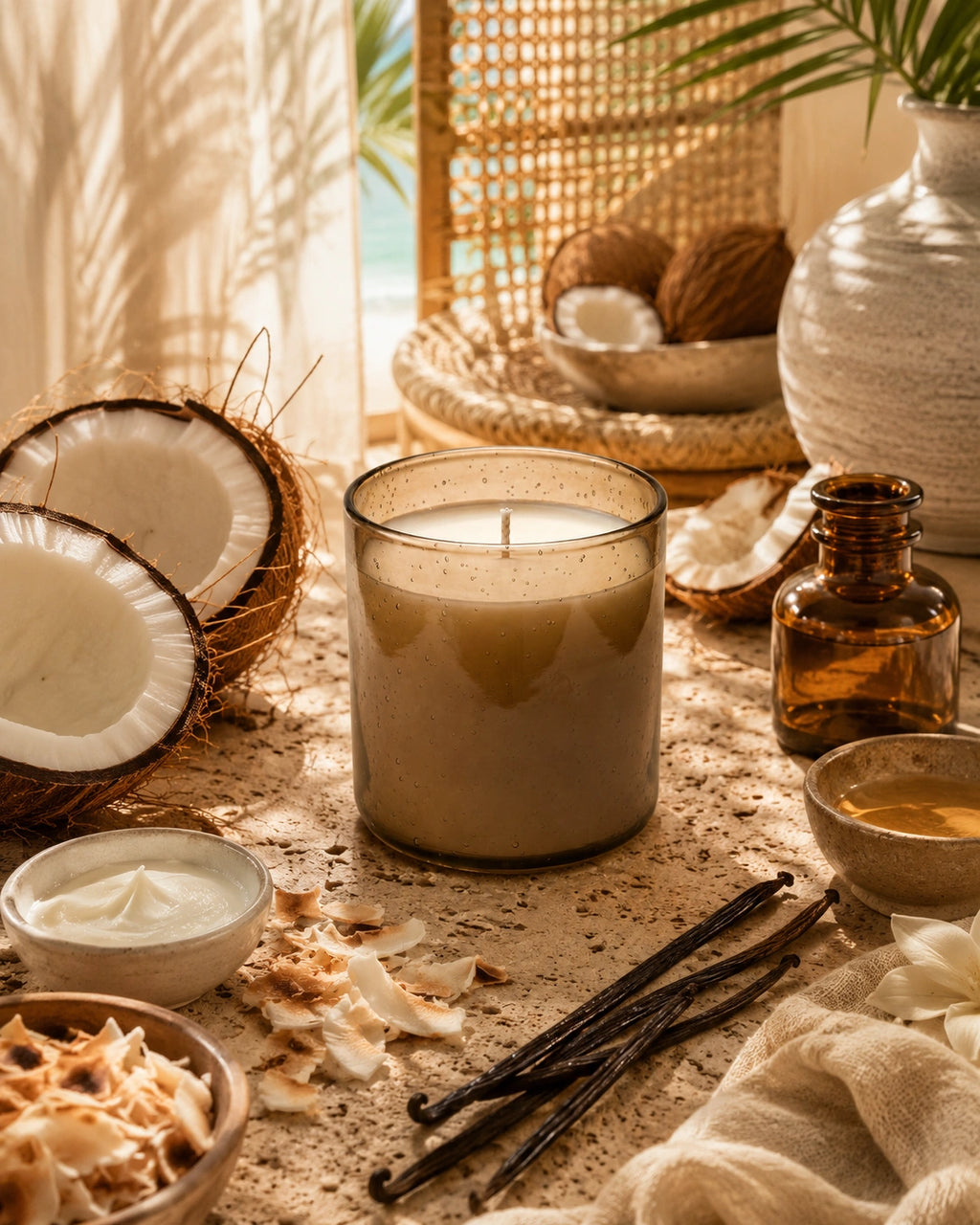 A lit candle in a clear glass jar sits on a rustic tabletop surrounded by coconut halves, vanilla beans, small bowls, and an amber bottle, with warm natural light and a woven basket in the background.