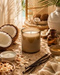 A lit candle in a clear glass jar sits on a rustic tabletop surrounded by coconut halves, vanilla beans, small bowls, and an amber bottle, with warm natural light and a woven basket in the background.