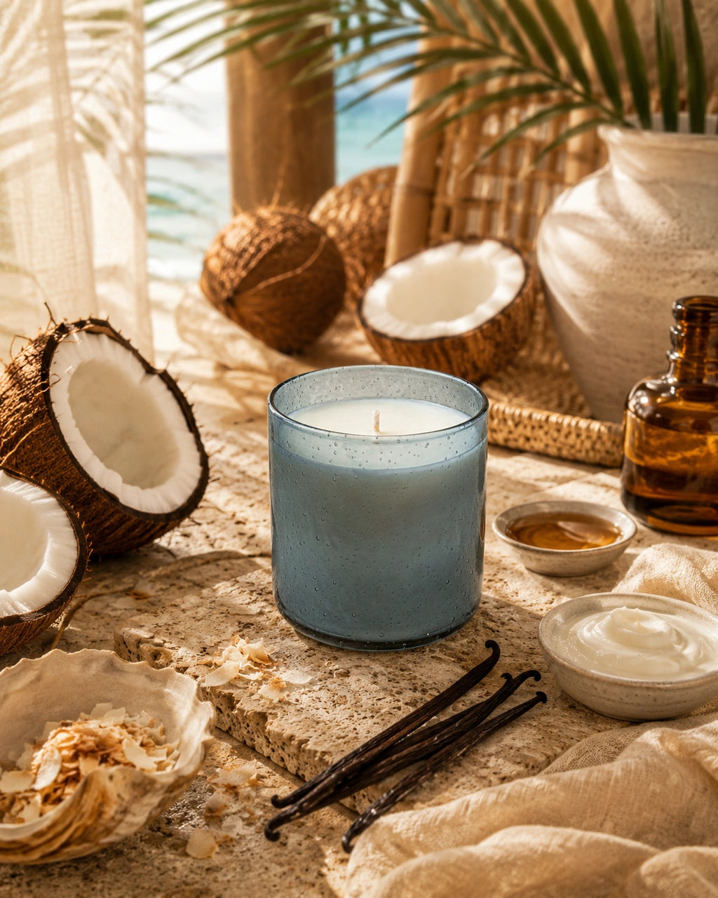 A blue glass jar candle sits on a beach-themed styled surface with coconuts, vanilla beans, small bowls, and an amber bottle, with a blurred tropical beach scene in the background.