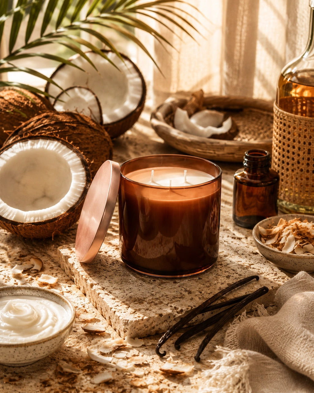A warm amber glass candle jar with its lid leaning beside it, styled on a stone slab with coconut halves, vanilla beans, a small amber bottle, cream, and woven decor in a sunlit spa-like setting.