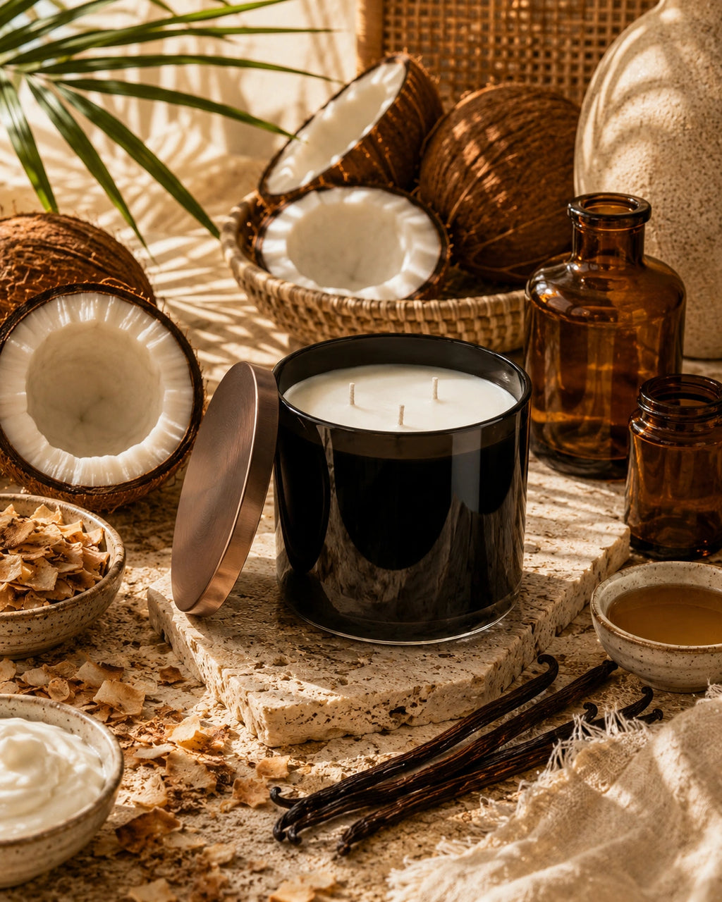 A black candle jar with white wax sits on a textured stone surface, surrounded by coconut halves, amber glass bottles, vanilla beans, and bowls of ingredients in a warm, styled setting.