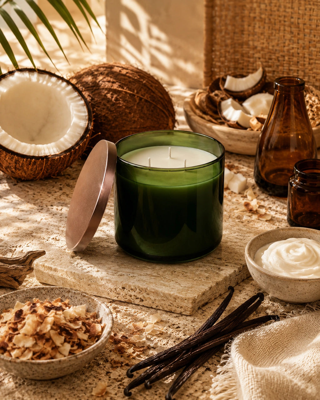 A green glass candle jar with its metallic lid leaning beside it, styled on a stone slab with coconut halves, vanilla beans, cream, and amber bottles in a warm natural setting.