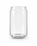 A clear glass can-shaped tumbler with a thick base, shown on a plain white background.