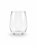A clear stemless wine glass with a rounded bowl and flat base, photographed on a clean white background.