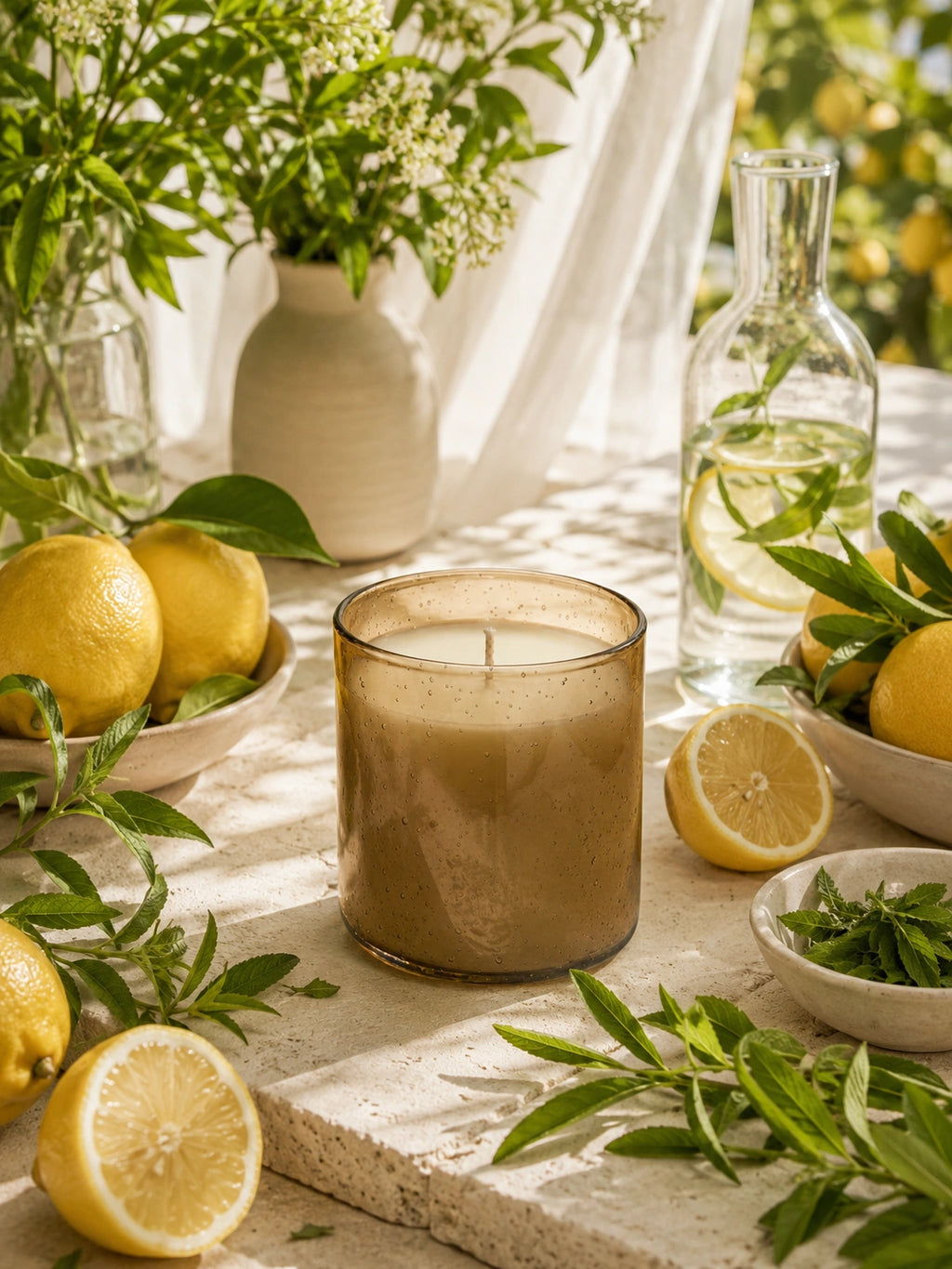 A lit candle in a frosted amber glass jar sits on a stone surface surrounded by lemons, green herbs, flowers, and glassware in a bright, sunlit setting.