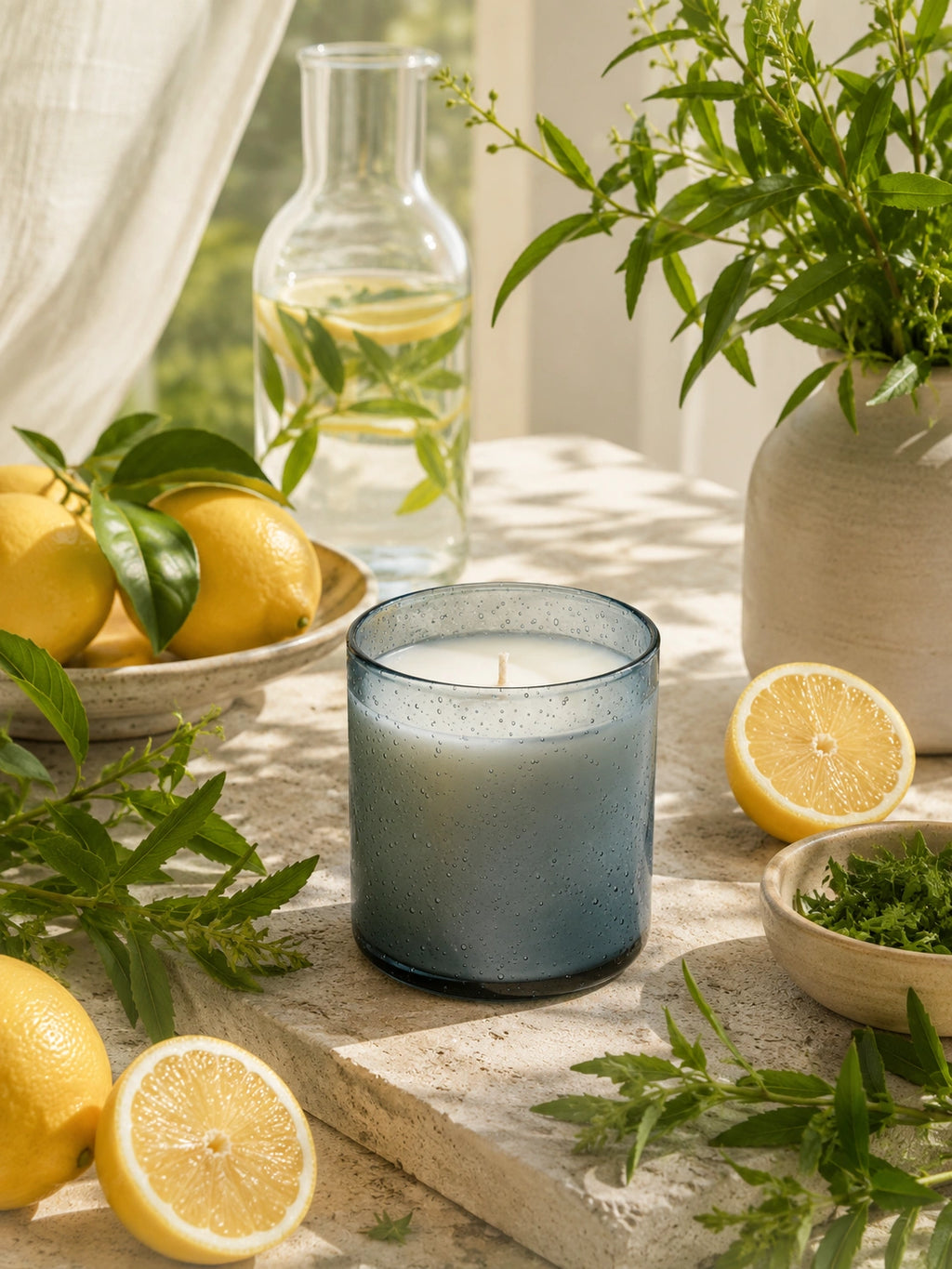 A blue-gray glass jar candle sits on a stone surface surrounded by lemons, green herbs, a glass carafe, and a potted plant in a bright, sunlit setting.