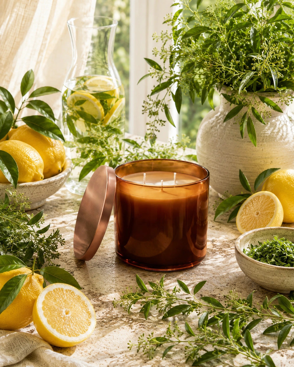 An amber glass candle jar with its lid leaning beside it on a rustic table, surrounded by lemons, green herbs, and a vase of foliage in a bright indoor setting.