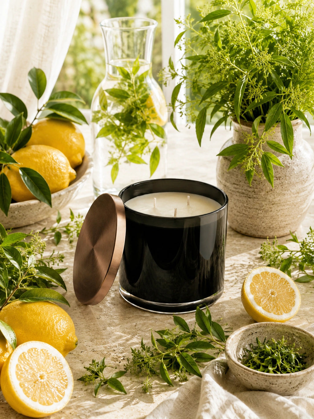 A black candle jar with its lid leaning beside it on a table, surrounded by lemons, herbs, and potted greenery in a bright, natural setting.