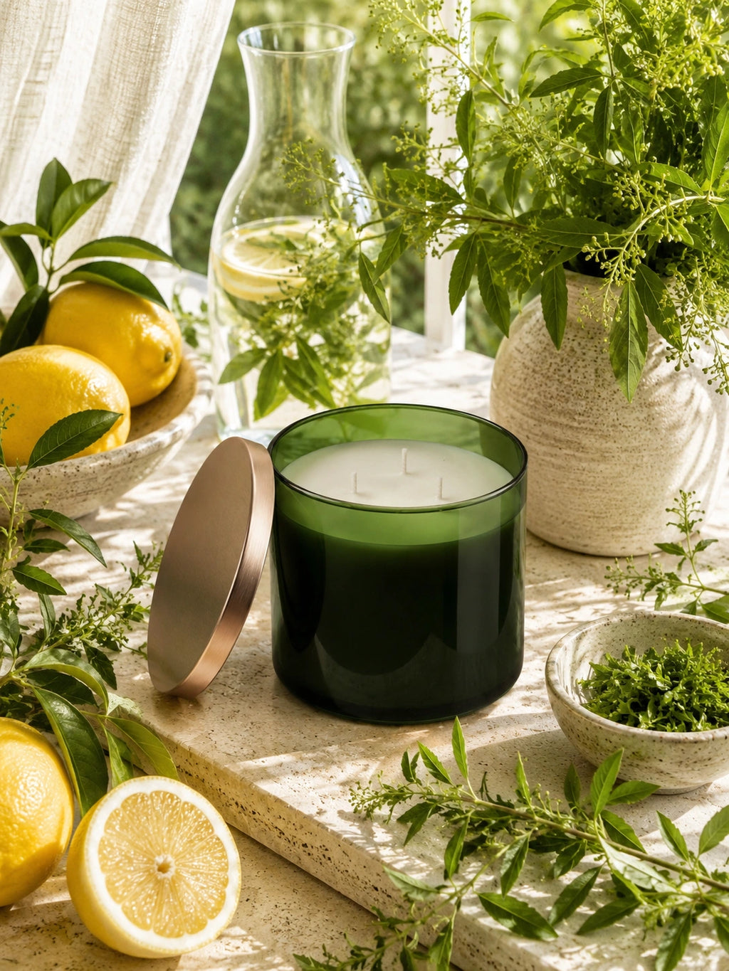 A dark green glass candle jar with a metallic rose-gold lid leaning beside it, styled on a stone surface with lemons, herbs, a glass carafe, and a textured vase in a bright natural setting.