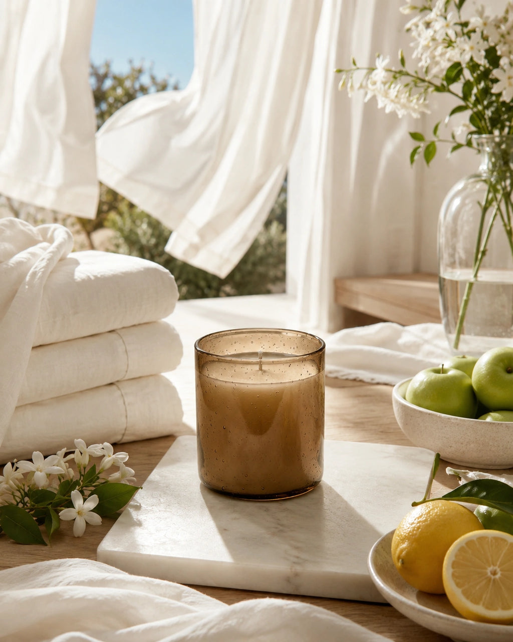 A lit candle in a smoky amber glass jar sits on a marble tray on a wooden table, styled with folded white towels, white flowers, green apples, and a lemon in a bright, sunlit room.
