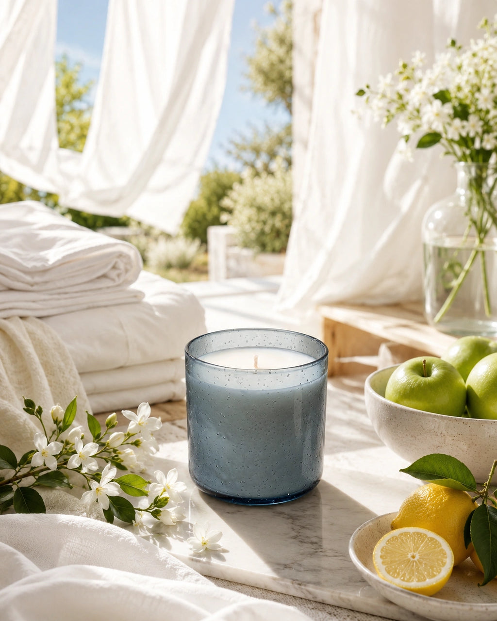 A blue-gray glass jar candle sits on a marble surface in a bright, styled indoor scene with folded white towels, white flowers, green apples, and lemons. No person or animal is present, but the real environment and props make this Lifestyle rather than Product/Packaging.
