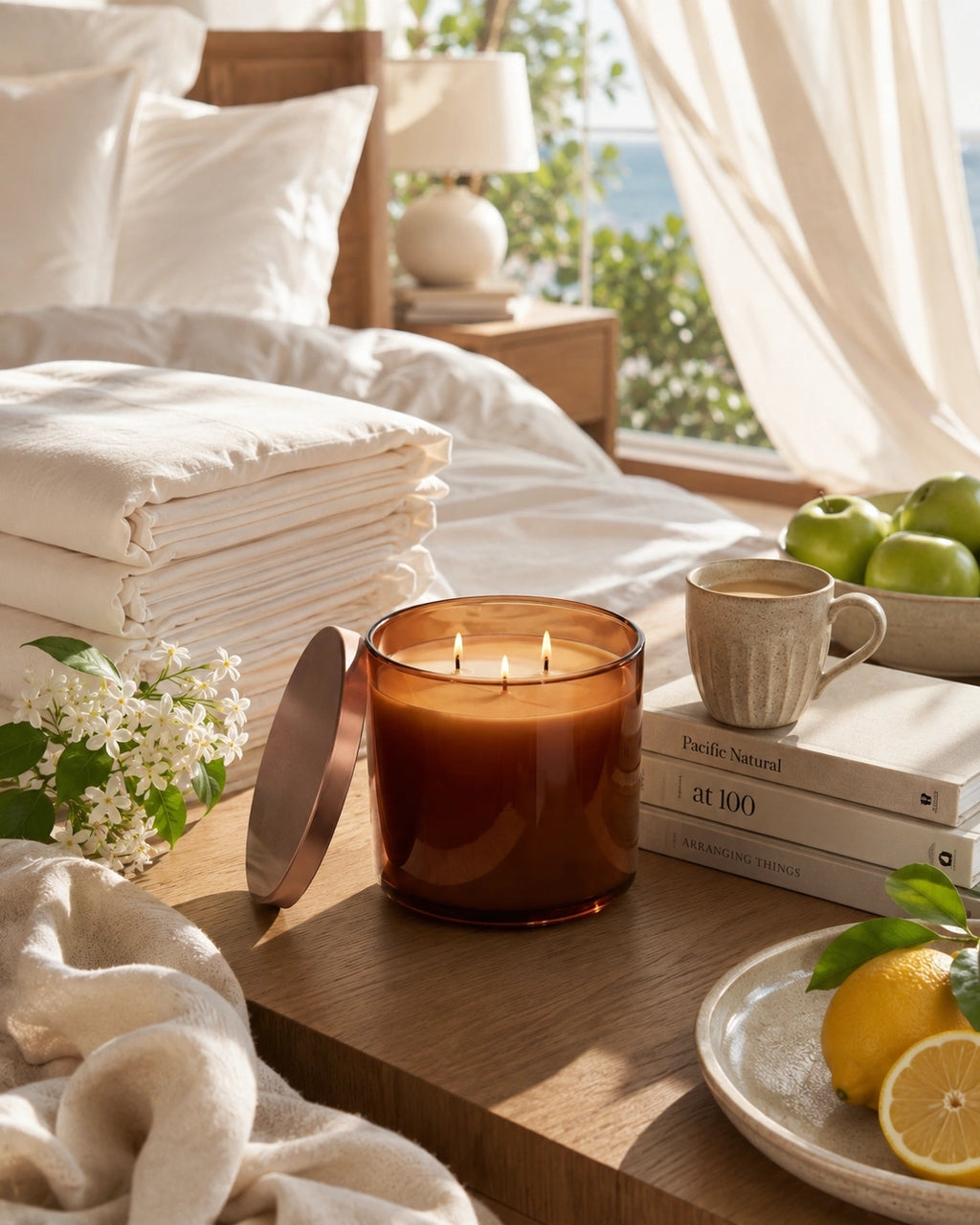 An amber glass jar candle with its lid leaning beside it on a wooden table in a softly styled bedroom setting. The scene includes folded white bedding, a mug, books, green apples, a lemon, and flowers, with sunlight streaming through sheer curtains in the background.