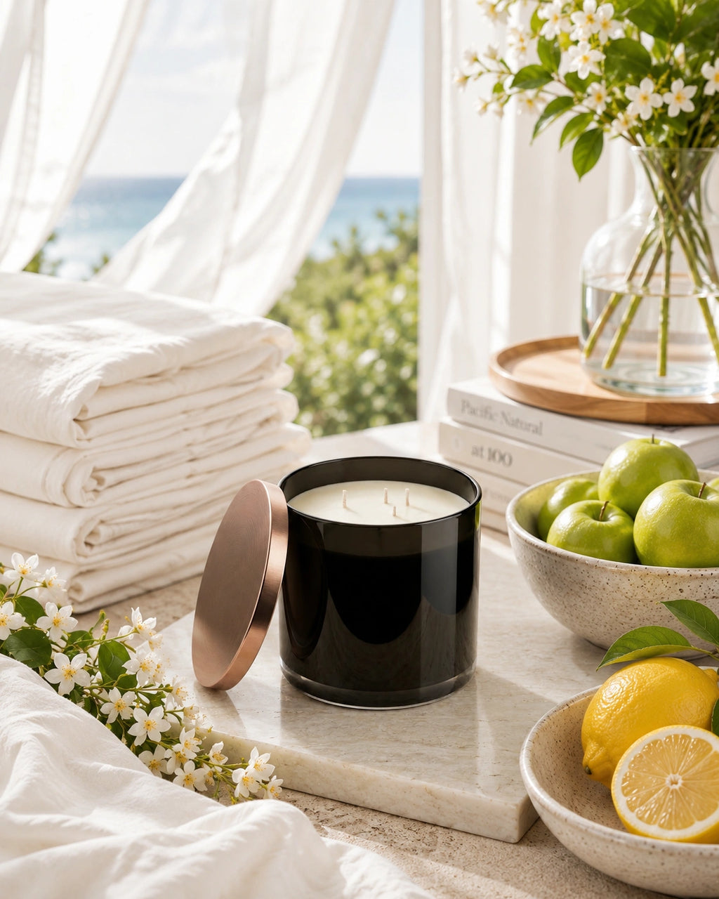 A black glass jar candle with a rose gold lid sits on a marble tray on a table, styled with folded white towels, green apples, lemons, and a vase of flowers with a window view of the ocean in the background.