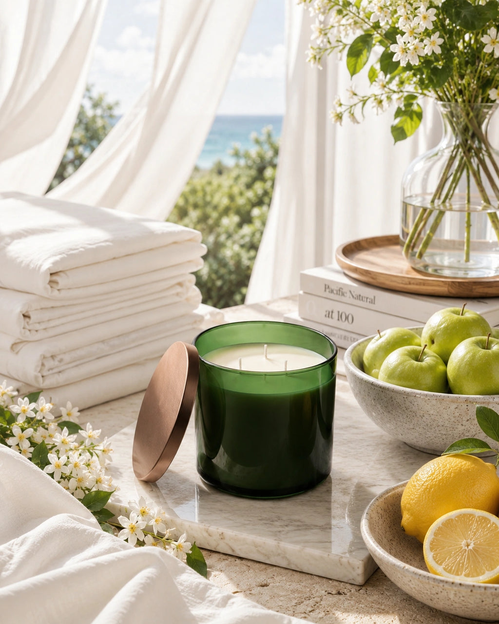 A dark green glass candle jar with its wooden lid leaning beside it on a marble board, styled in a bright coastal interior with folded white towels, green apples, lemons, flowers, and a vase by a window.