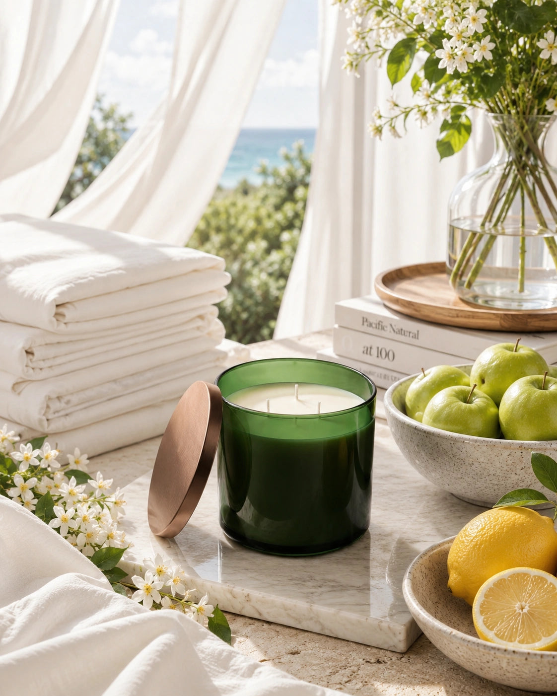 A dark green glass candle jar with its wooden lid leaning beside it on a marble board, styled in a bright coastal interior with folded white towels, green apples, lemons, flowers, and a vase by a window.