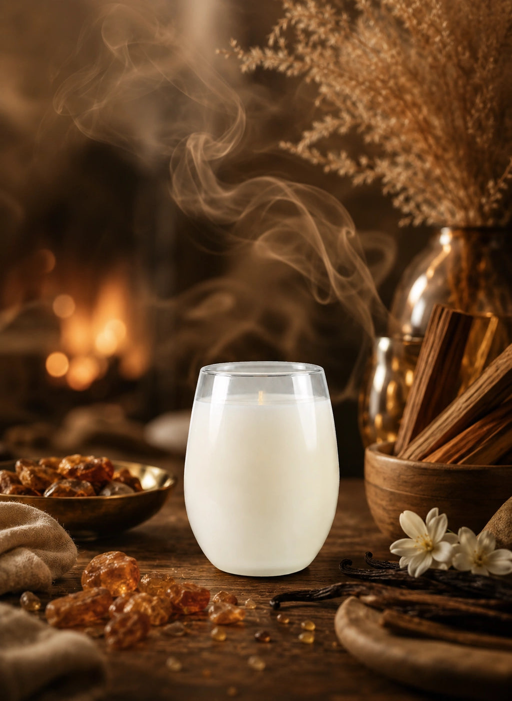 White candle in a glass holder with a warm, cozy background featuring cinnamon sticks and flowers.