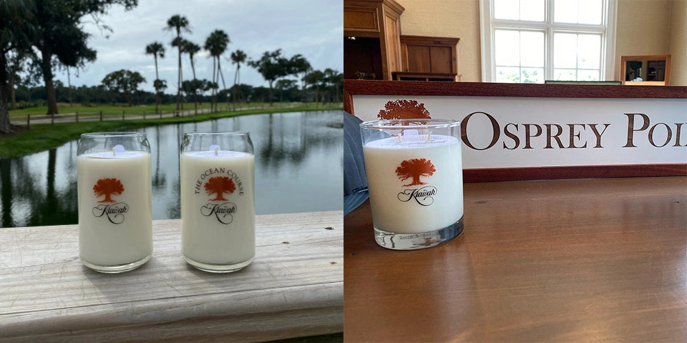Two glasses of milk with a logo on a wooden surface next to a scenic view of a lake with palm trees.